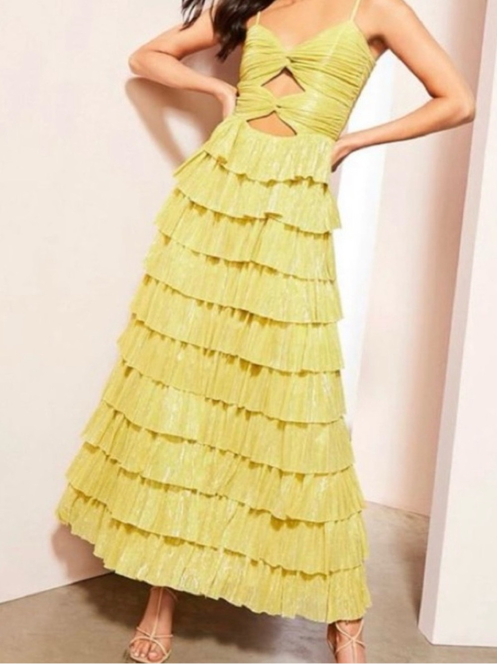 Gianni Bini Grace Metallic Tiered Ruffle Maxi Dress in Chartreuse